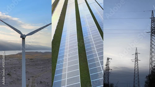 Collage of solar panels, wind turbines and power transmission lines showcasing sustainable energy sources and clean technology for a renewable future