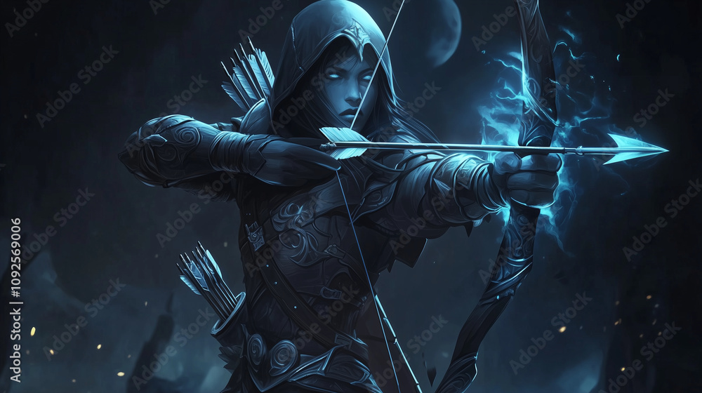 Naklejka premium A stealthy night elf archer with dark, hooded armor, dual shadowy daggers, and a glowing bow strung with a thread of moonlight, illustration, semi realistic drawing