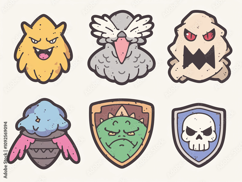 Obraz premium Cute Cartoon Monsters and Badges Collection
