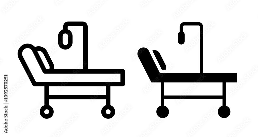 Hospital bed Icon set in black filled and line. Hospital bed Icon set in black filled and line.