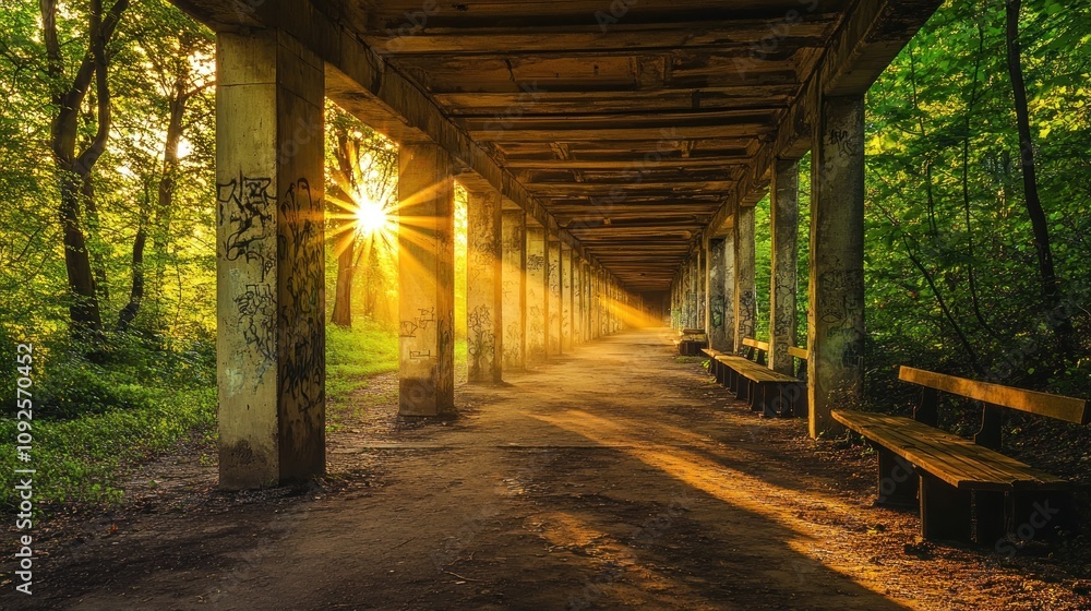 A serene pathway under a structure, illuminated by sunlight filtering through trees. A serene pathway under a structure, illuminated by sunlight filtering through trees.