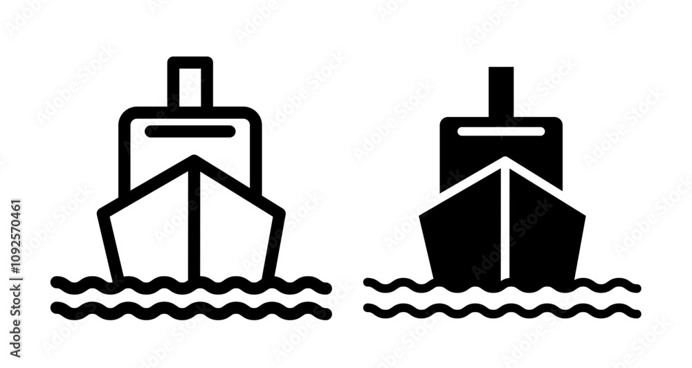 Cruise ship Icon set in black filled and line. Cruise ship Icon set in black filled and line.