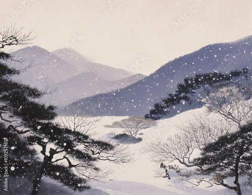 눈 오는 겨울 한국 전통 풍경