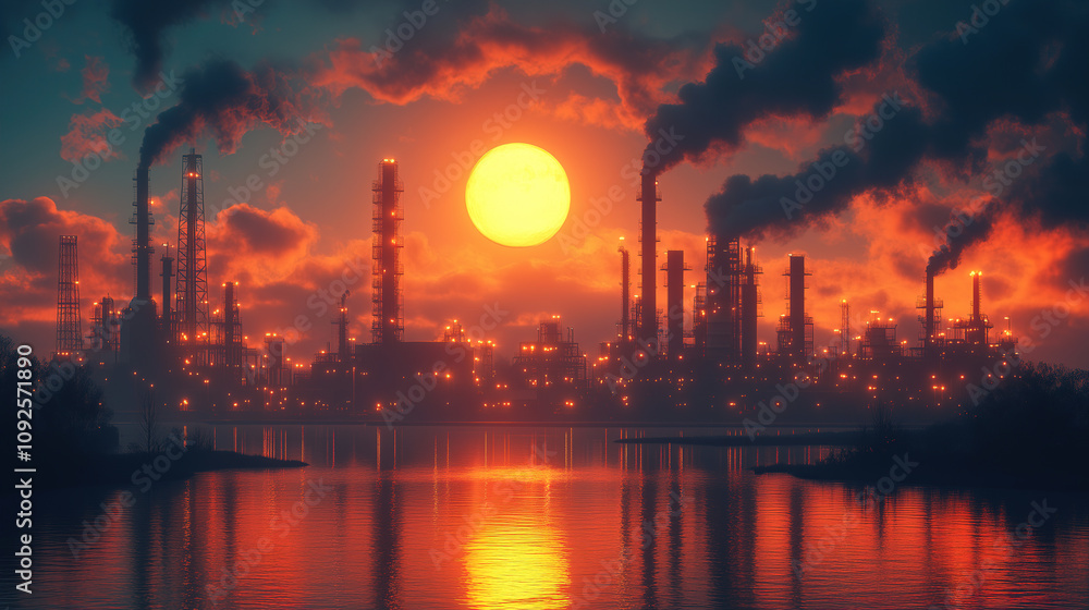 Sunset over industrial landscape with smokestacks and reflective water in the foreground. Generative AI Sunset over industrial landscape with smokestacks and reflective water in the foreground. Generative AI