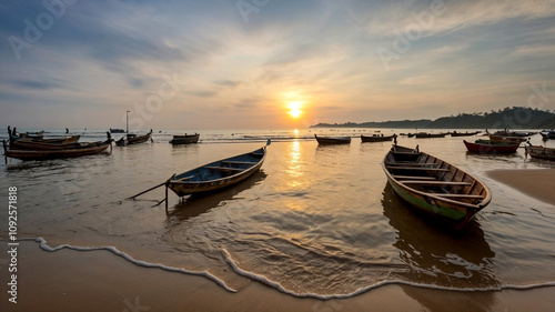 Beach view of fishing boats with sunset background, created with Generative Ai technology