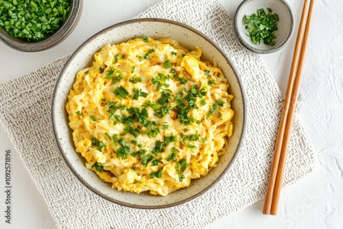 Creamy Egg Noodles with Spring Onions in a Bowl photo