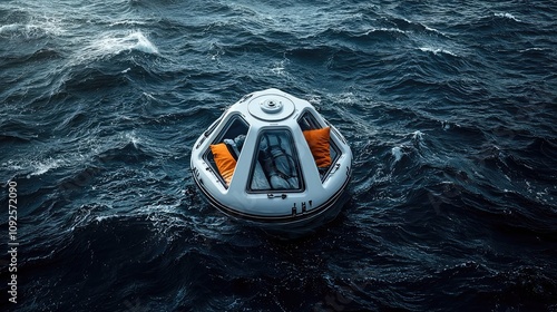 Capsule floating on ocean waves, showcasing innovative design and survival equipment.