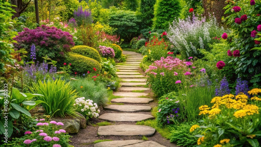 Garden path with stepping stones and surrounded by plants and flowers, stone pathways, walkway, plants, garden decor, nature Garden path with stepping stones and surrounded by plants and flowers, stone pathways, walkway, plants, garden decor, nature
