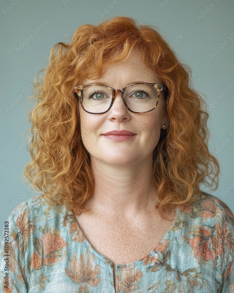 Obraz premium A woman with curly red hair and glasses poses for a portrait against a neutral background.