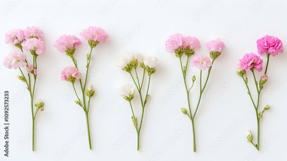 Fototapeta premium A Row of Delicate Pink and White Flowers Arranged on a White Background, Creating a Simple and Elegant Floral Display