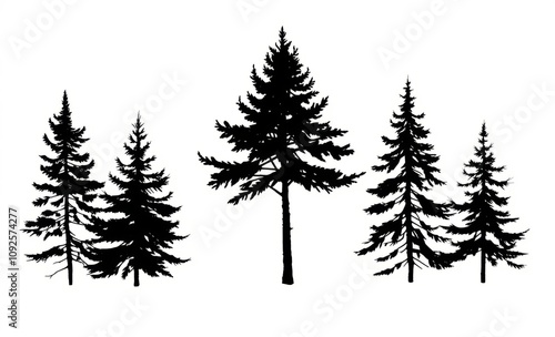 Conifer trees handdrawn silhouette of wild fir pine and christmas trees in realistic style christmas tree silhouette Illustration 