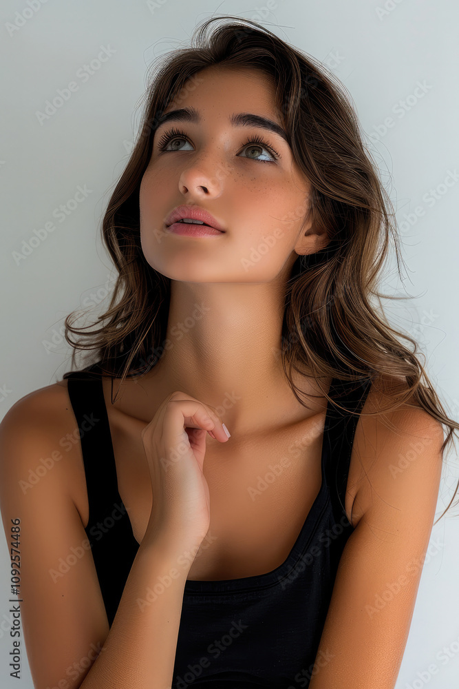 Beautiful woman model wearing a tight black shirt, looking up at an angle, thinking pose. Beautiful woman model wearing a tight black shirt, looking up at an angle, thinking pose.