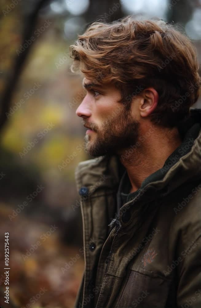 Serene man with tousled hair and beard in forest wearing green jacket, surrounded by warm autumn colors and natures beauty, captures essence of outdoors. Serene man with tousled hair and beard in forest wearing green jacket, surrounded by warm autumn colors and natures beauty, captures essence of outdoors.