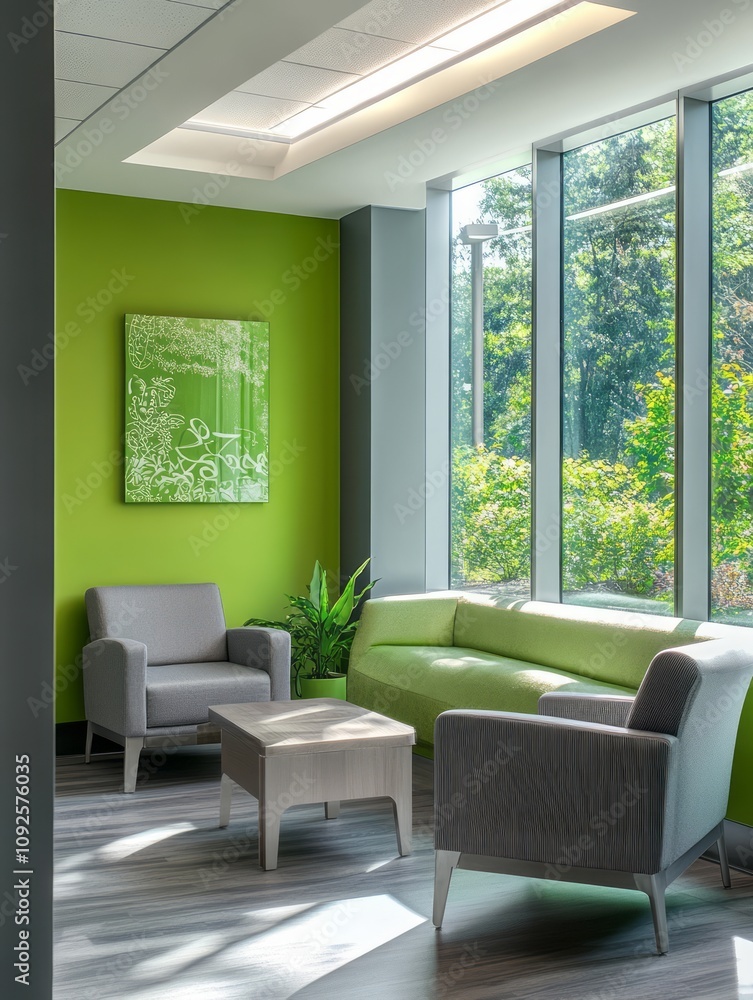 Fototapeta premium Modern Green Office Waiting Area With Comfortable Seating