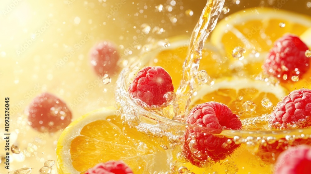 A vibrant splash of raspberries and lemon slices in water, showcasing freshness and vitality. A vibrant splash of raspberries and lemon slices in water, showcasing freshness and vitality.