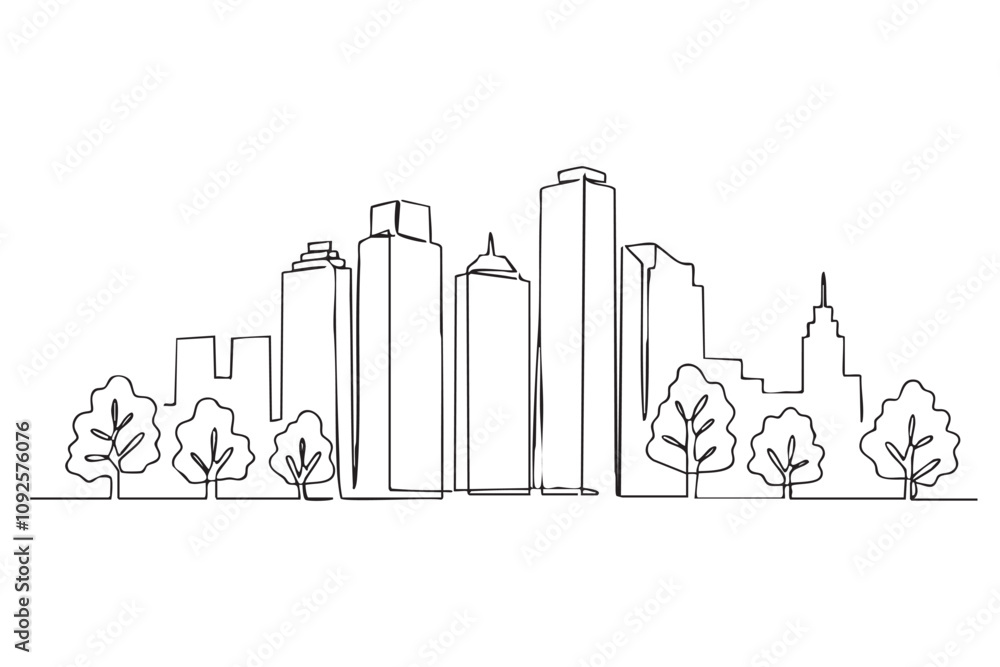 Naklejka premium Modern cityscape tall building modern downtown business district one line continuous drawing