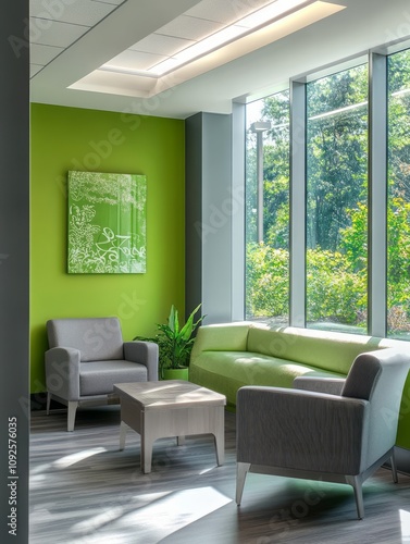 Modern Green Office Waiting Area With Comfortable Seating