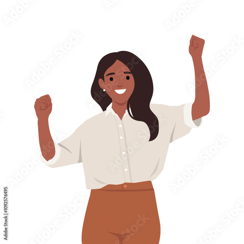 Young business woman showing success gesture with raised hand fist. Flat vector illustration isolated on white background