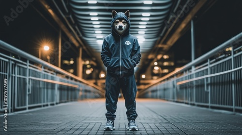 A person wearing a wolf mask and a tracksuit stands in a dimly lit urban setting.