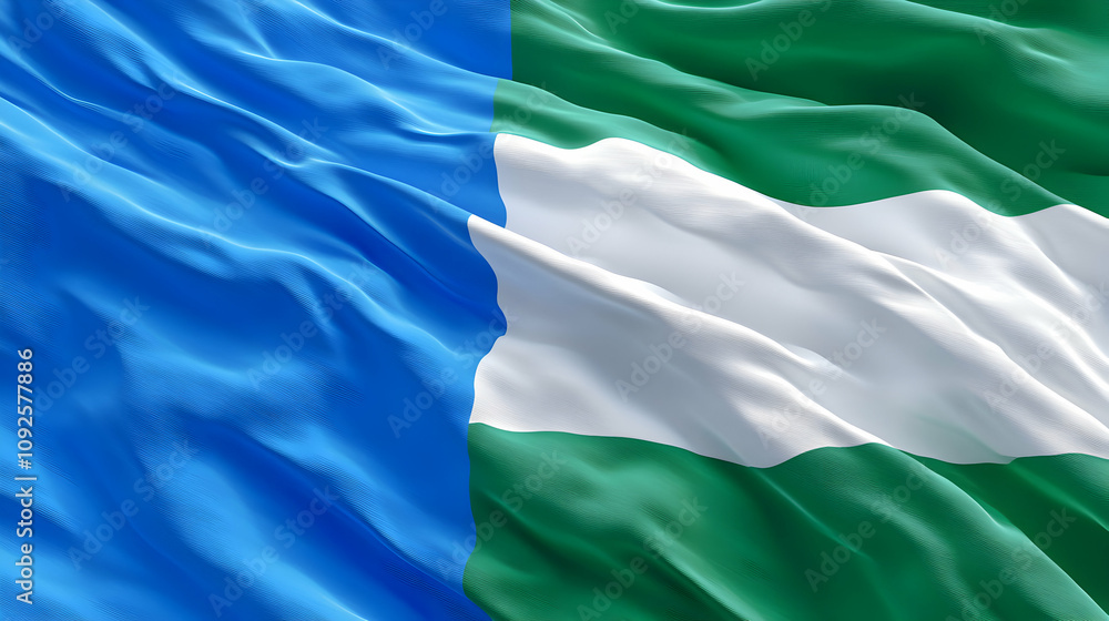 Obraz premium A Realistic 3D Render of a Blue, White, and Green Flag Waving in the Wind