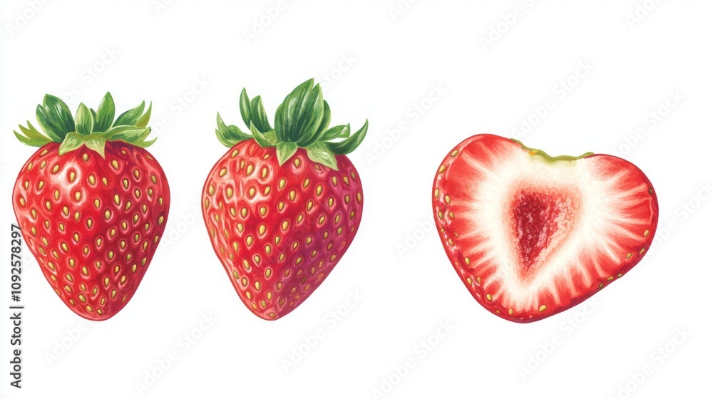 Three strawberries, two whole and one cut in half, showcasing their vibrant colors and texture. Three strawberries, two whole and one cut in half, showcasing their vibrant colors and texture.