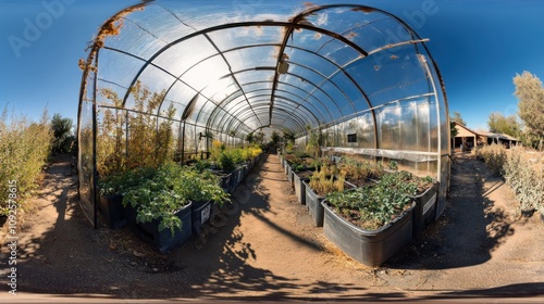 A greenhouse filled with various plants in organized containers.