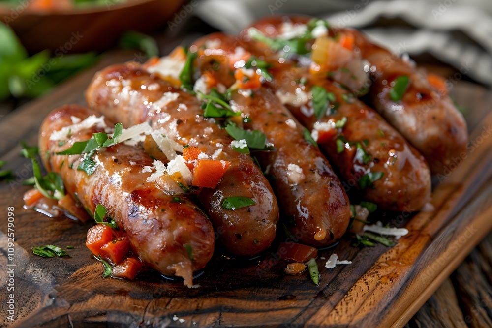 Savory grilled sausages topped with fresh herbs and salsa, vibrant colors on a wooden platter. Savory grilled sausages topped with fresh herbs and salsa, vibrant colors on a wooden platter.