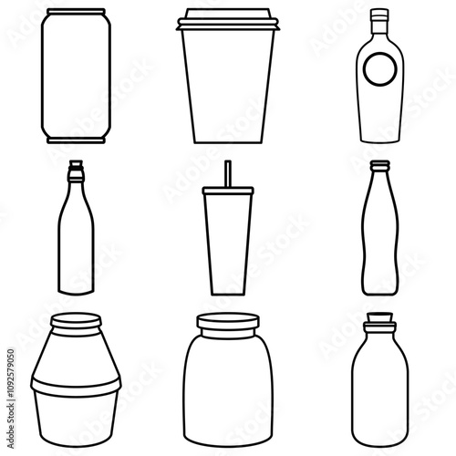 Minimalist Line Icon Various Bottle Shapes Set