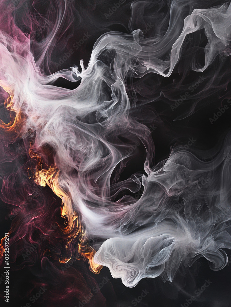 Fototapeta premium Dynamic smoke patterns in pink and white tones on a dark backdrop, creating a surreal and captivating composition.