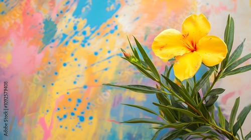 Yellow Oleander with colorful paint splatters behind it photo