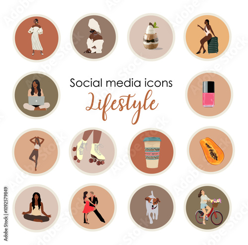 Set of social media highlight cover icons with female characters, coffee cup, dog, cosmetics, food. Cartoon hand drawn vector Illustrations isolated on transparent backgrounds