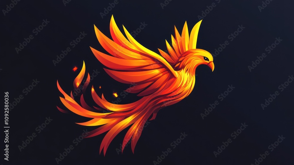 A fiery phoenix bird with outstretched wings against a dark background. A fiery phoenix bird with outstretched wings against a dark background.