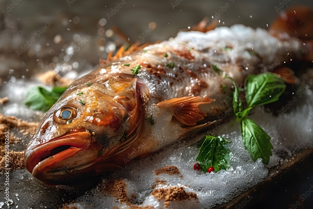 Freshly caught fish garnished with herbs on a rustic wooden board. Freshly caught fish garnished with herbs on a rustic wooden board.