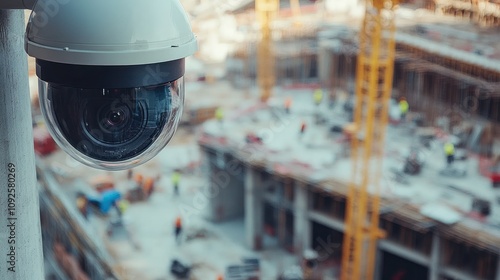 A security camera monitors a construction site bustling with workers and machinery.