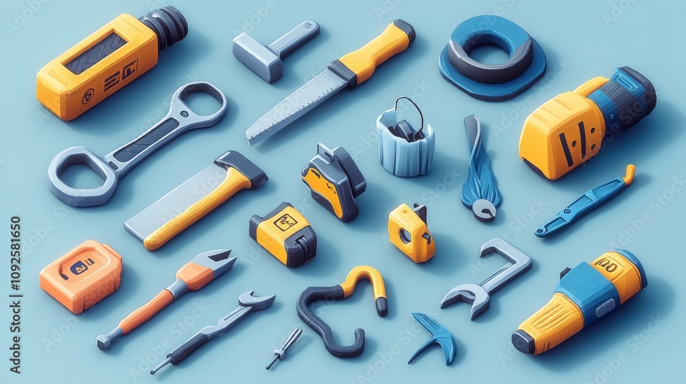 Obraz premium High-detail 3D vector cartoon icons of a set of tools: planer, saw, pliers, screwdriver, vise, drill, hammer, and adjustable wrench, bright design