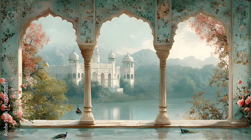 A View Through Ornate Arched Windows with Peacocks in a Calm Lake, a White Palace is Seen in the Distance with Lush Green Trees in a Dreamy Setting