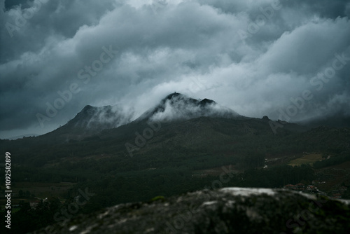 Cloudy and foggy afternoon in a winter day, in the mount Galiñeiro, Galicia Spain