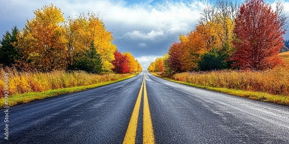 Naklejka premium A scenic country road lined with colorful autumn trees, inviting viewers to take a drive through the season.