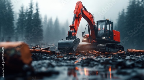 Machines in a Foggy Forest Tearing Down Trees photo