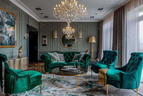 Luxurious living room with velvet emerald green furniture, gold-accented decor, and a stunning crystal chandelier as the centerpiece. home interior design concept 