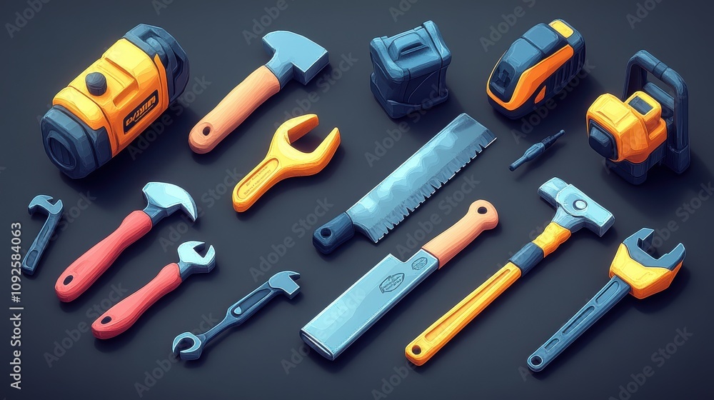 High-detail 3D vector cartoon icons of a set of tools: planer, saw, pliers, screwdriver, vise, drill, hammer, and adjustable wrench, bright design High-detail 3D vector cartoon icons of a set of tools: planer, saw, pliers, screwdriver, vise, drill, hammer, and adjustable wrench, bright design