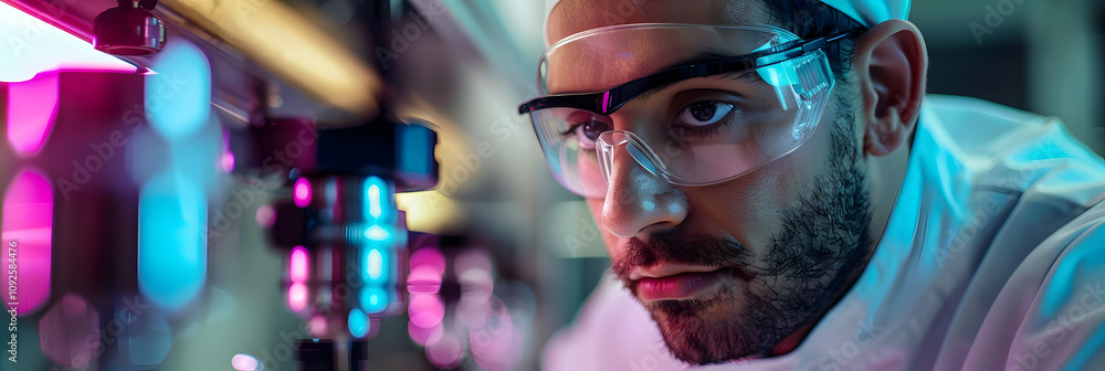 Close-up of Scientist Examining Equipment with Intense Focus in Vibrant Laboratory Setting Close-up of Scientist Examining Equipment with Intense Focus in Vibrant Laboratory Setting