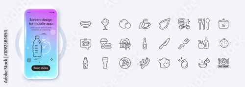 Beer glass, Pre-order food and Food line icons for web app. Phone mockup gradient screen. Pack of Love cooking, Water drop, Beer pictogram icons. Mint tea, Water bottle, Knife signs. Vector