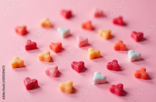 Colorful heart-shaped candies scattered on a soft background, perfect for expressing love and affection