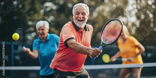 A senior pickleball league in action, with players displaying enthusiasm and sportsmanship on the court during a match.