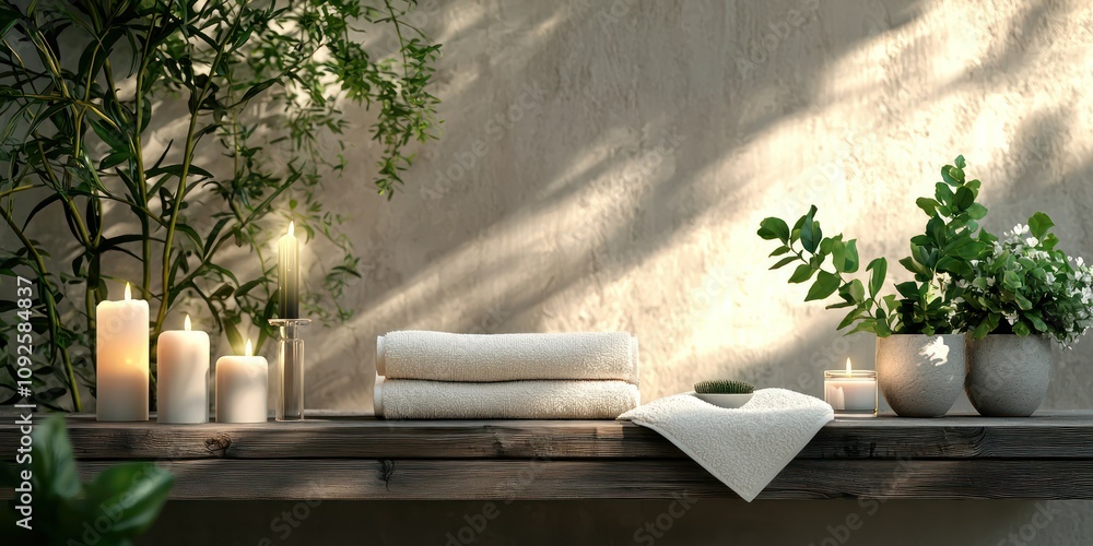 A serene spa environment with candles, soft towels, and plants for a calming atmosphere. A serene spa environment with candles, soft towels, and plants for a calming atmosphere.