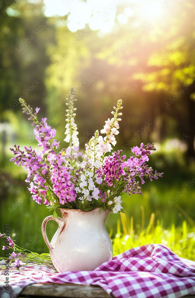  Ceramic Jug with Lavender and Foxgloves in Garden