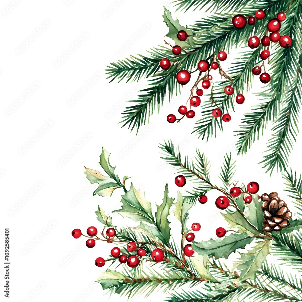 Watercolor Painting of Evergreen Branches with Red Berries and a Pinecone Watercolor Painting of Evergreen Branches with Red Berries and a Pinecone