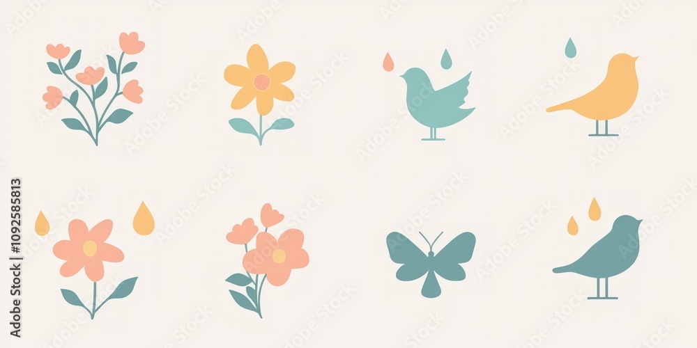 A set of simple, flat spring-themed icons, including flowers, raindrops, birds, and butterflies, in pastel colors. A set of simple, flat spring-themed icons, including flowers, raindrops, birds, and butterflies, in pastel colors.