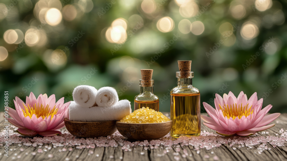Smelling salts in a Thai-style spa with white towels and massage oil. Smelling salts in a Thai-style spa with white towels and massage oil.